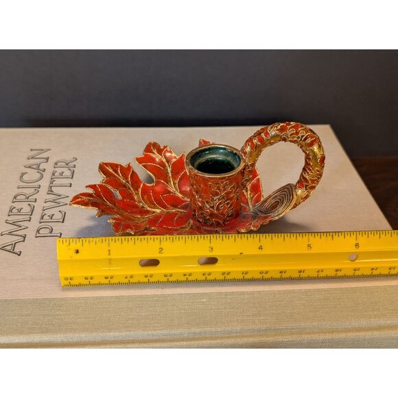 Vintage Leaf-Shape Red & Gold Cloisonne Candle Holder 5.5" Ornate Handcrafted - Picture 5 of 8